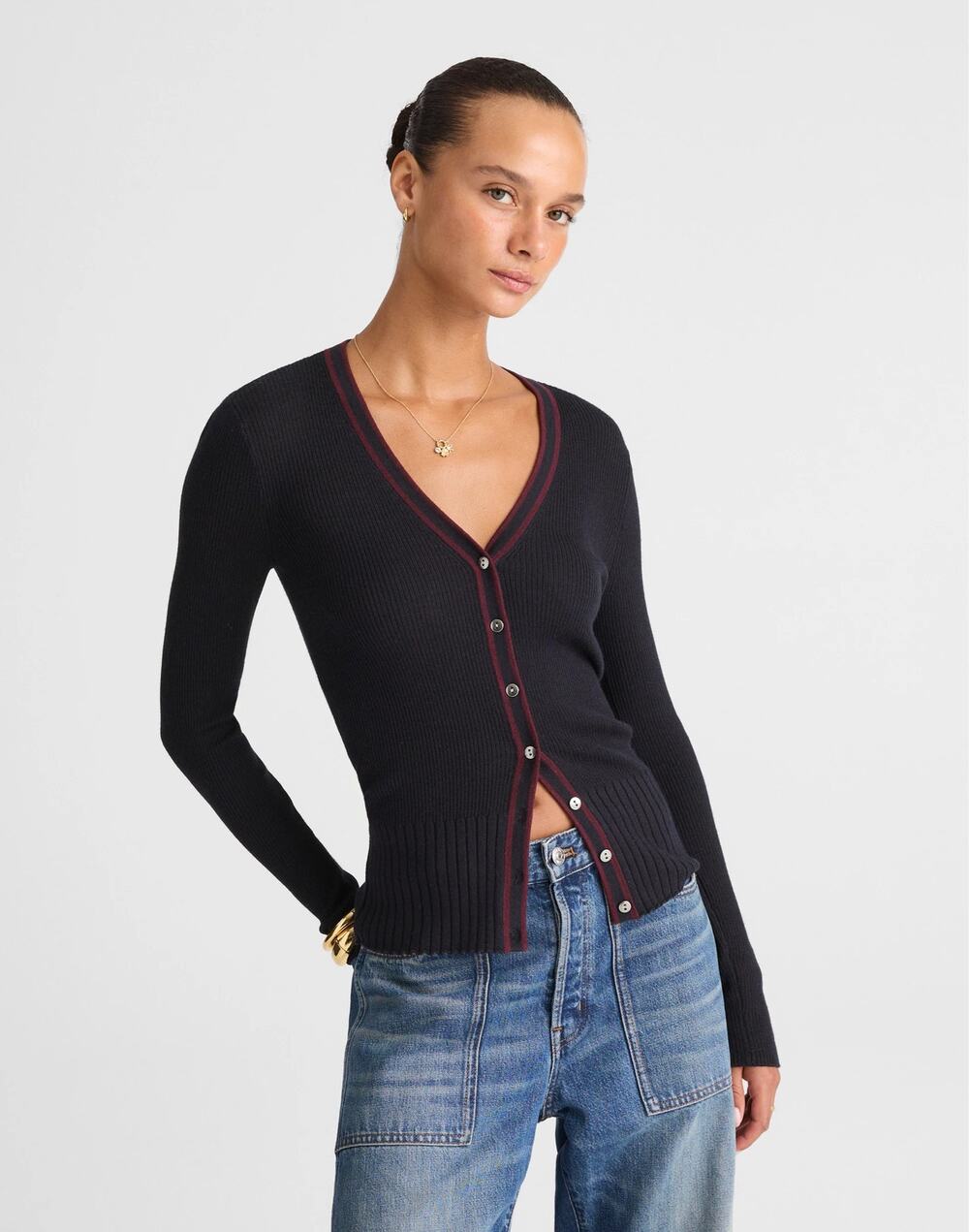 NWT Madewell V-Neck Cardigan Sweater In Merino-Silk Blend Dark Navy Combo Small